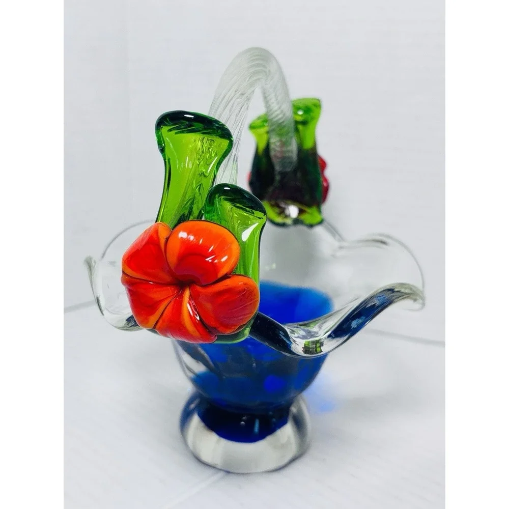 Vintage Murano Style Art Glass Basket Set Blue Red Pedestal Bowls Floral Handles
